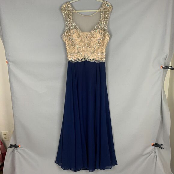 Zoey Grey Navy Skirt Champagne Beaded Bodice Evening Gown Size 18 Formal Gala - Picture 1 of 16